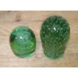 Two green glass dumps, height 11cm & 14cm.