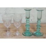 A pair of late 19th century bobbin glass candlesticks, height 22cm and a pair of cut glass stem