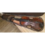 A circa 1800 violin, one piece back, length 352mm, with hard case and bow.