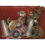 A crate of mainly metal ware including pewter tankards, candlestick etc.