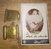 Two circa 1850s brass belt buckles related to cricket together with a picture of John Sparrow in