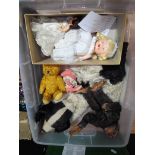 A box of assorted vintage dolls and teddys comprising a German Roddy baby doll circa 1930s, a