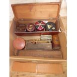 A box of assorted items including a leather cased medicine glass, treem, dominoes, rules, etc.