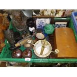 A box of assorted items including a malachite glass scent bottle decorated with fish, a bronze bust,