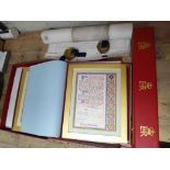 A Catholic Young Men's Society illuminated document and a velum indenture with wax seals and