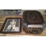 A Chinese black lacquered and gilt decorated box together with a signed photograph.