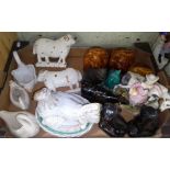 A box of assorted animal pottery including a Staffordshire cow, a pair of flat back earthen ware