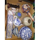 A box of oriental items, mainly Chinese porcelain, also including a carved Chinese figure, cloisonne