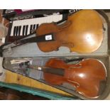 Two 3/4 size violins, with one case and a bow.