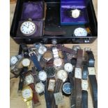A tin of assorted vintage watches including a Services Transport ARP watch, rolled gold, trench type