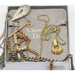 A mixed lot of jewellery including a vintage Christian Dior pendant necklace, a rolled gold Albert