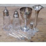 A mixed lot of hallmarked silver and white metal comprising two silver topped sugar shakers, a