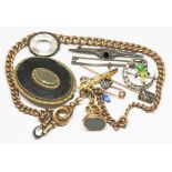 A mixed lot of yellow metal, antique and vintage jewellery including an Albert chain, mourning