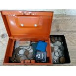 2 money boxes containing assorted GB & world coins to include 1951 festival of britain crown etc.