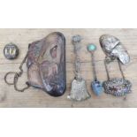 A mixed lot of hallmarked silver and white metal comprising an Art Nouveau style purse, a decanter