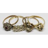 Four assorted 9ct gold rings, gross wt. 6.5g, size L/O.