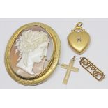 A mixed lot comprising a cross and a brooch, both marked '9ct' wt. 2.7g, together with a yellow