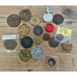 A group of assorted tokens & medals etc.
