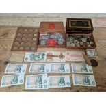 A basket of coins to include a tray of assorted GB & world coins, tokens & commemoratives, a tray of