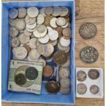 A tub of assorted GB, world coins and banknotes to include 2 crowns (1890 & 1897) and some silver