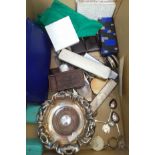 A box of assorted items including plated ware, playing cards, postcards etc.
