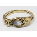 A modern hallmarked 9ct gold Art Nouveau style ring set with a moonstone, gross wt. 2.2g, size L.