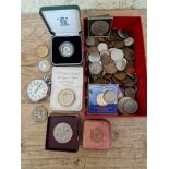 A box of assorted GB & world coins & a Sekonda USSR stopwatch to include commemoratives etc.