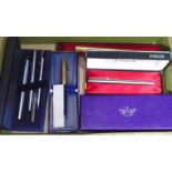 A collection of pens to include Sheaffer 14ct nib, Waterman & Parker etc.