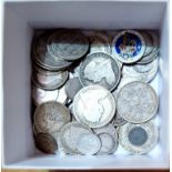 A small box of assorted silver coins to include half crowns, florins & shillimgs etc., dated pre