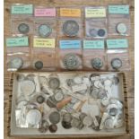 A tray of assorted GB silver coins to include an 1821 crown etc.