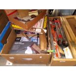 A wooden toolbox and contents, together with a box of mic items including hand held steam cleaner,