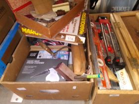 A wooden toolbox and contents, together with a box of mic items including hand held steam cleaner,