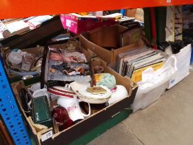 Eight boxes of misc items including LP records, pottery, glass ware, a box of toys, empty vanity