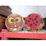 3 childrens small wooden stools with animal faces on seats
