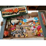 A box of assorted vintage tin toys etc.