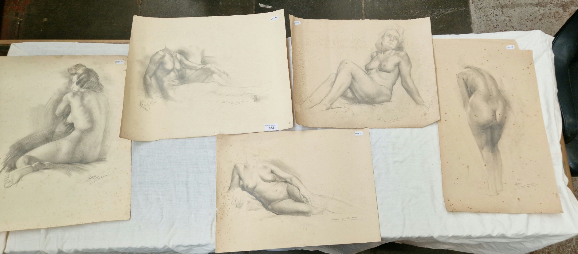 E G Clay (British, 20th century), five nude studies, pencil on paper, each signed 'E.G.Clay...