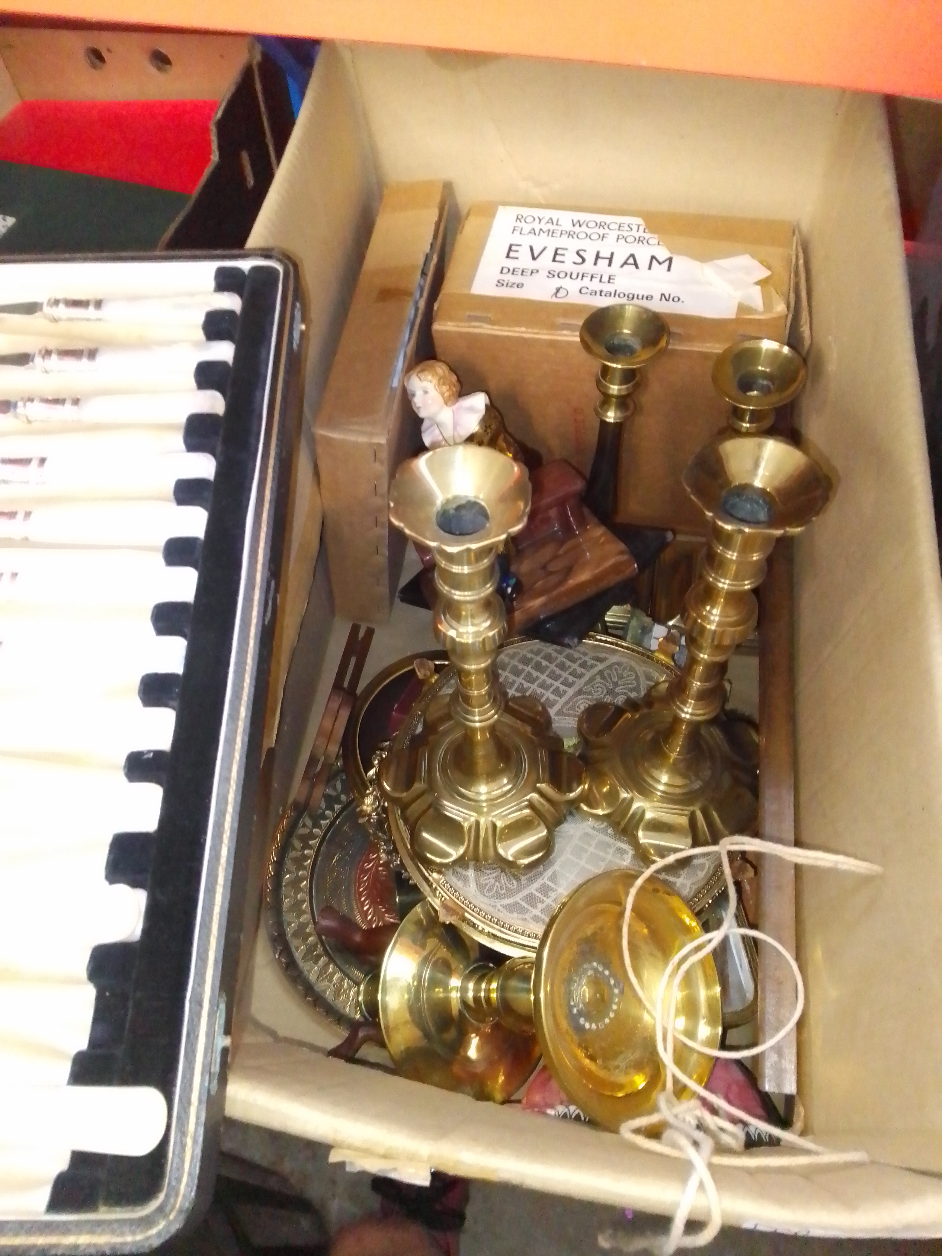 A box of mainly brass ware, with plated ware and ceramic items