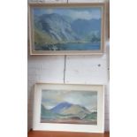 E G Clay (British, 20th century), a watercolour and an oil on board, mountainous landcscape