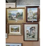 Four watercolours; a landscape scene with waterfall, signed 'T R Bradley', a landscape ....