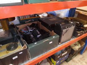 A mixed lot comprising Fender amplifier, video cameras, home photography outfit, etc. (4 boxes)