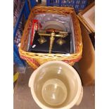 A mixed lot including a log basket, bread crock, coal scuttle etc.