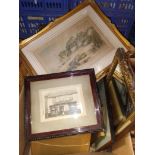 A box of prints and a rectangular mirror