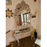 A French stye giltwood console table with mirror, whitewash finish, with original Harrods receipt.