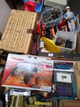 Three boxes and a wicker basket of toys including Meccano, boxed model vehicles - Lledo Days Gone,