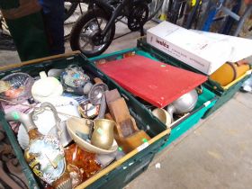 Three boxes of miscellaneous items including crown green bowls, metal ware, wooden plane (tool),