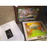 A Cunard Queen Mary butterfly picture, a Bugs Bunny Merry go round picture, with certificate, and