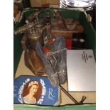 A box of assorted tools and collectables, tins, blow torches, planes, etc., etc.