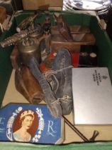A box of assorted tools and collectables, tins, blow torches, planes, etc., etc.