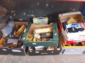 Six boxes of tools including four Record floor board clamps, Record vices, wood planes, etc.
