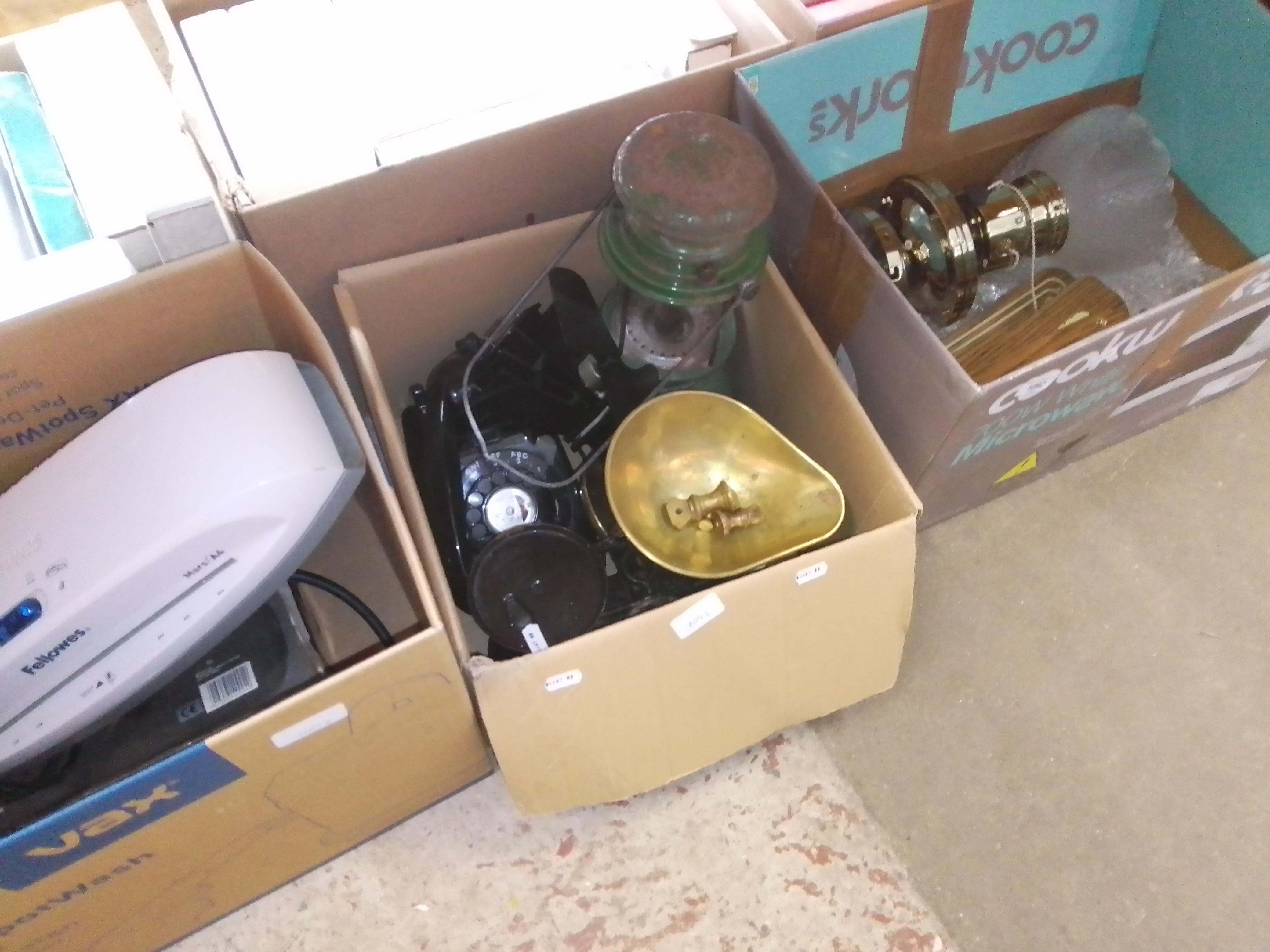 Three boxes of assorted items including a vintage telephone, a tilley lamp, scales and weights etc.